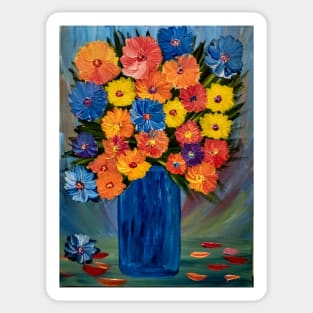 A beautiful bouquet of mixed flowers in a glass and gold vase . Using my favorite colors as vibrant background Sticker